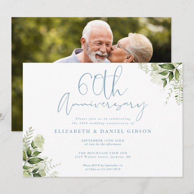 60th Wedding Anniversary Greenery Floral Photo Invitation (Front/Back)