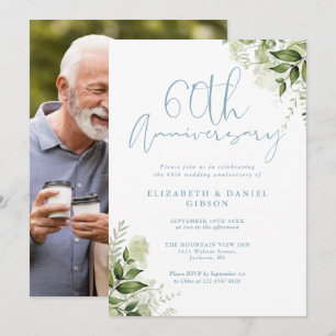 60th Wedding Anniversary Greenery Floral Photo Invitation