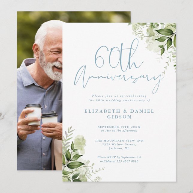 60th Wedding Anniversary Greenery Floral Photo Invitation (Front/Back)