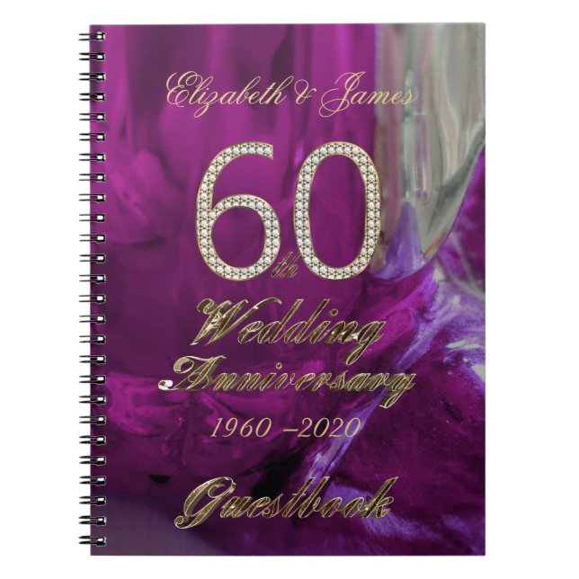 60th Wedding Anniversary Guest Book Gold Purple (Front)