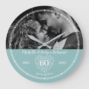 60th Wedding Anniversary heart diamond Large Clock