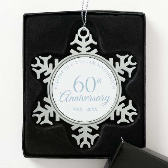 60th Wedding Anniversary Hearts Confetti Snowflake Pewter Christmas Ornament (Box)