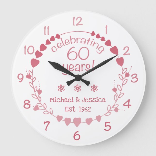 60th Wedding Anniversary Hearts Large Clock (Front)