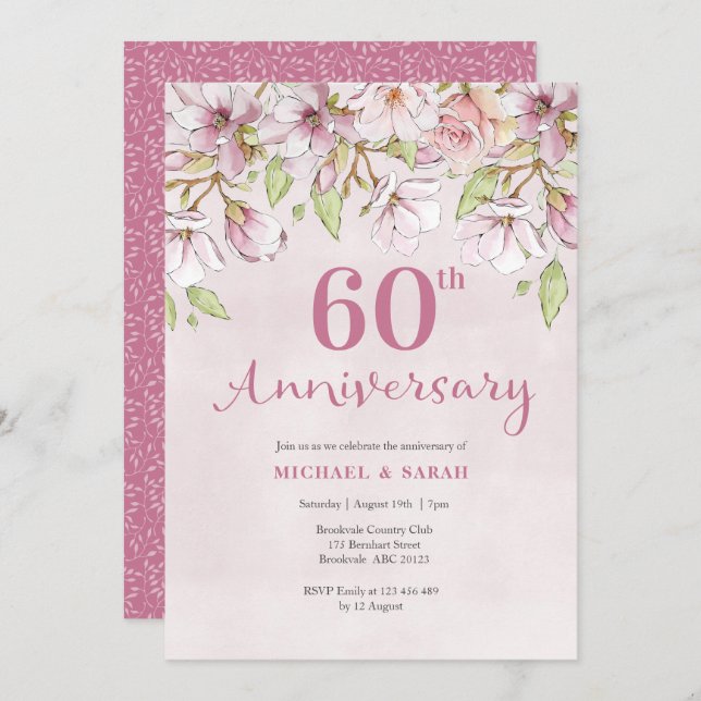 60th Wedding Anniversary Invitation Pink Floral (Front/Back)