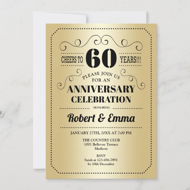 60th Wedding Anniversary Party - Gold Black Invitation (Front)