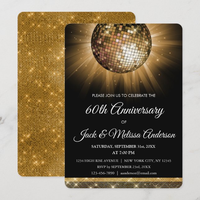 60th Wedding Anniversary Party Gold Disco Ball Invitation (Front/Back)