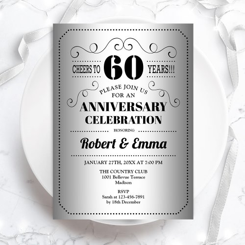 60th Wedding Anniversary Party _ Silver Black Invitation