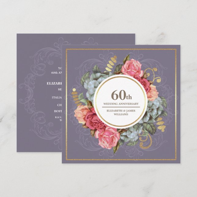 60th Wedding Anniversary Party Vintage Floral Invitation (Front/Back)
