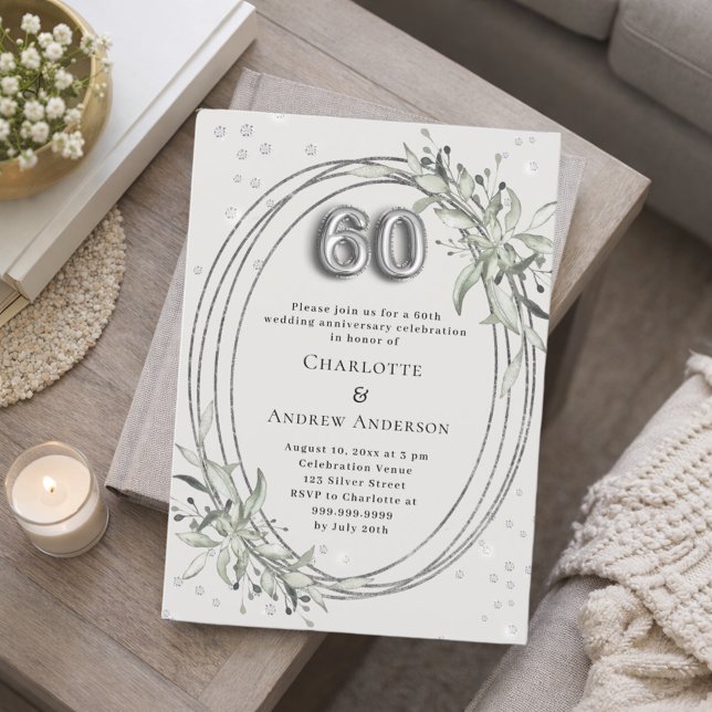 60th wedding anniversary pearl gray greenery invitation (Creator Uploaded)