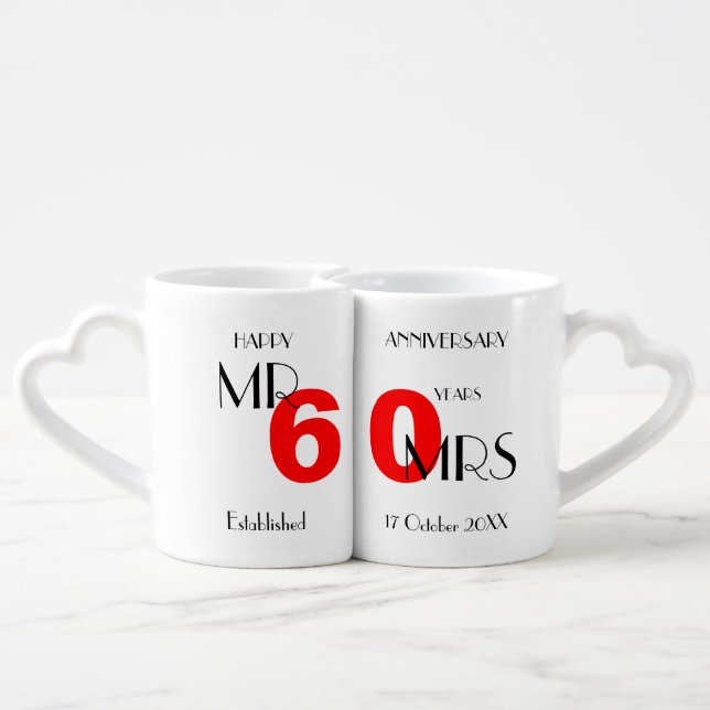 60th Wedding Anniversary Personalized Coffee Mug Set (Back Nesting)