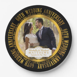 60th Wedding Anniversary Photo Black Gold Tone Paper Plates