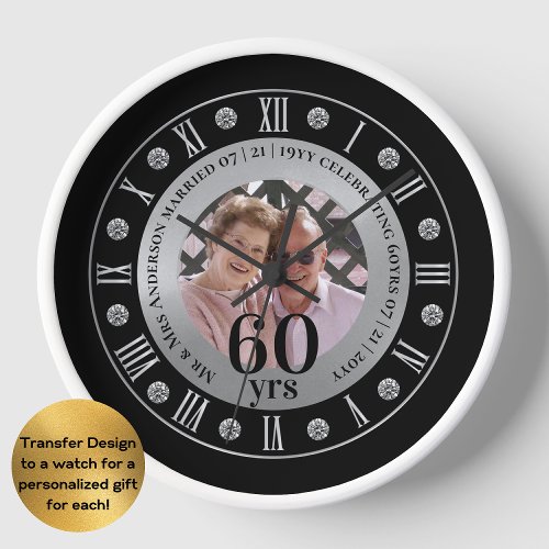 60th Wedding Anniversary PHOTO Gift Diamond Sixty Clock