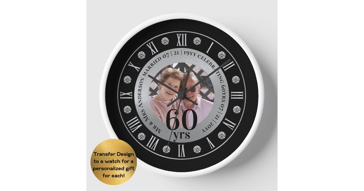 60th Wedding Anniversary PHOTO Gift Diamond Sixty Clock | Zazzle