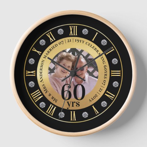 60th Wedding Anniversary PHOTO Gift Diamond Sixty Clock