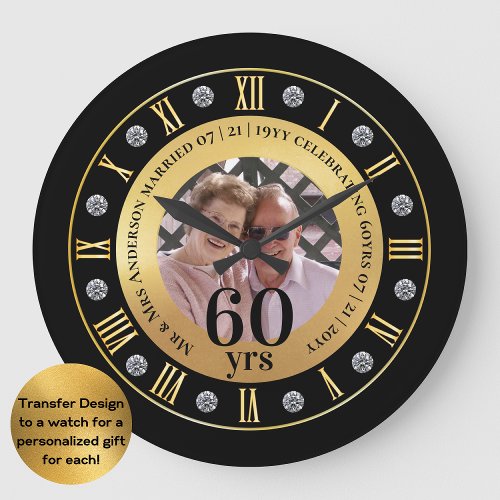 60th Wedding Anniversary PHOTO Gift Diamond Sixty Large Clock
