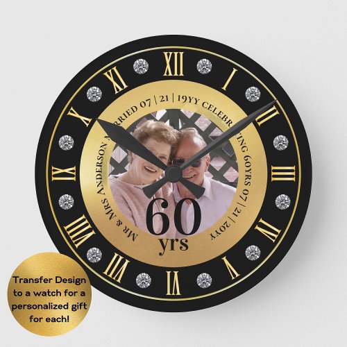 60th Wedding Anniversary PHOTO Gift Diamond Sixty Round Clock