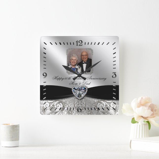 60th Wedding Anniversary Photo Square Wall Clock (Home)