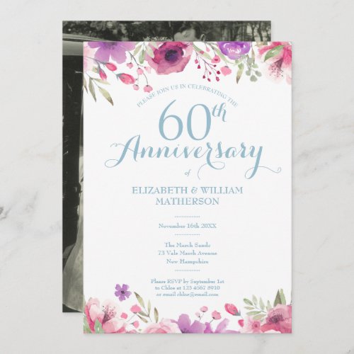 60th Wedding Anniversary Photo Watercolor Roses Invitation