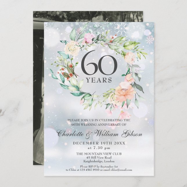 60th Wedding Anniversary Photo Winter Floral  Invitation (Front/Back)