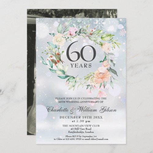 60th Wedding Anniversary Photo Winter Floral  Invitation