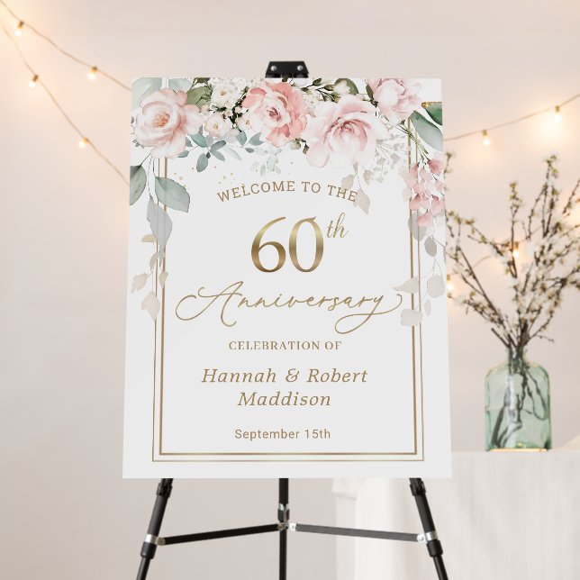 60th Wedding Anniversary Pink Roses Foliage  Foam Board (In Situ (Stand))