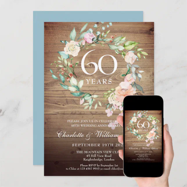 60th Wedding Anniversary Roses Rustic Wood Invitation | Zazzle