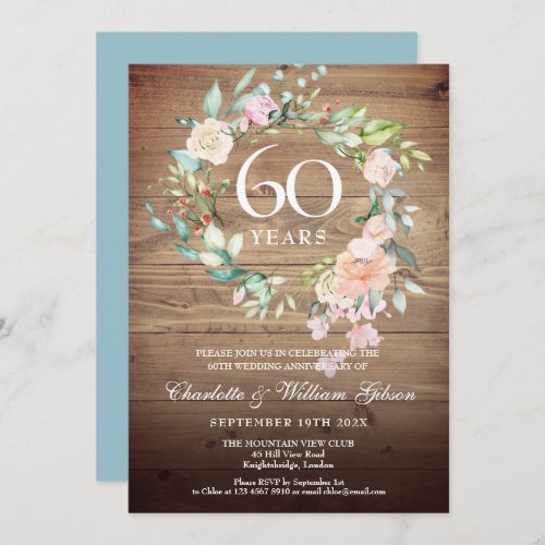60th Wedding Anniversary Roses Rustic Wood Invitation