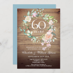 60th Wedding Anniversary Roses Rustic Wood Invitation
