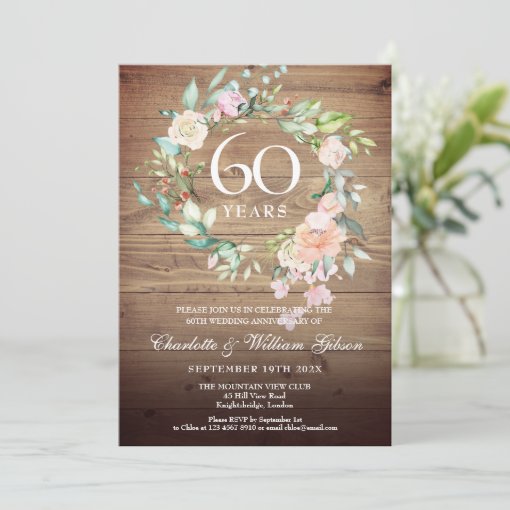 60th Wedding Anniversary Roses Rustic Wood Invitation | Zazzle