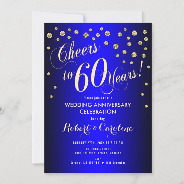 60th Wedding Anniversary - Royal Blue & Gold Invitation (Front)