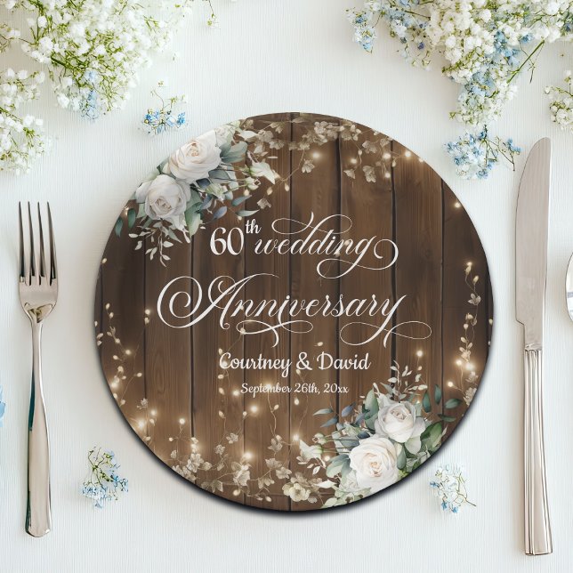 60th Wedding Anniversary Rustic String Lights  Paper Plates (Creator Uploaded)