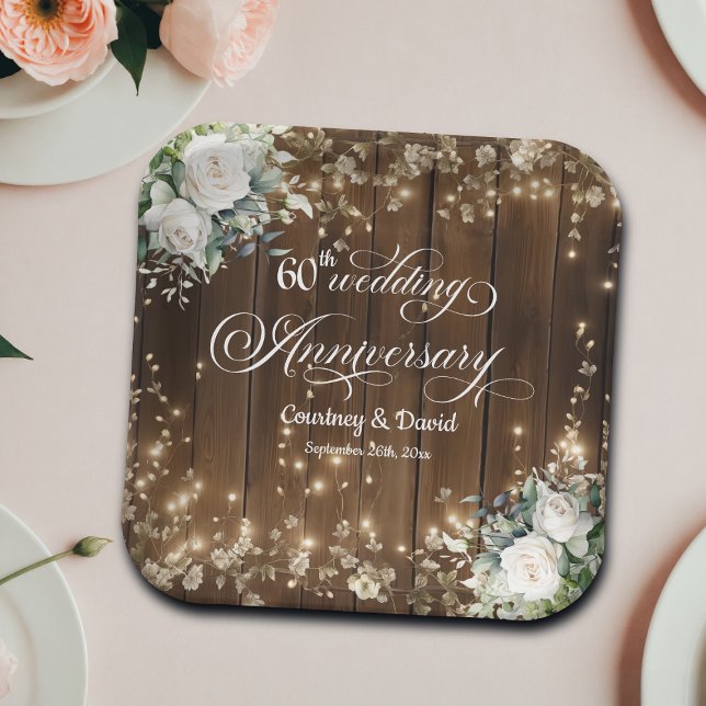 60th Wedding Anniversary Rustic String Lights  Paper Plates (Creator Uploaded)