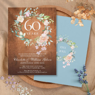 60th Wedding Anniversary Rustic Wood Roses Garland Invitation