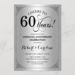 60th Wedding Anniversary - Silver Black Damask Invitation
