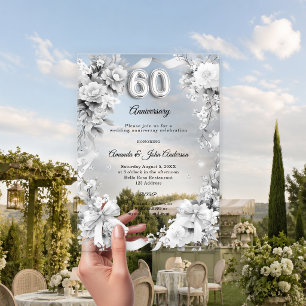 60th wedding anniversary silver florals bows acrylic invitations
