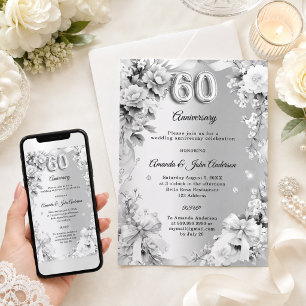 60th wedding anniversary silver florals bows invitation