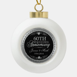 60th Wedding Anniversary Silver Frame & Hearts Ceramic Ball Christmas Ornament