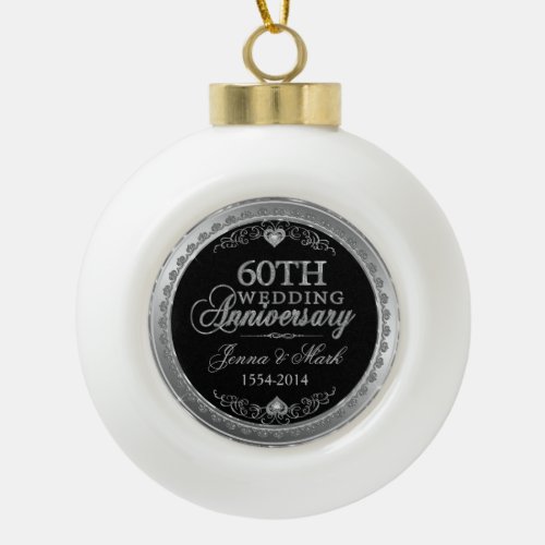 60th Wedding Anniversary Silver Frame  Hearts Ceramic Ball Christmas Ornament