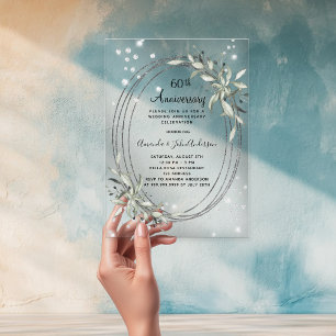 60th wedding anniversary silver greenery diamond acrylic invitations
