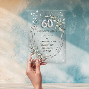 60th wedding anniversary silver greenery diamonds acrylic invitations