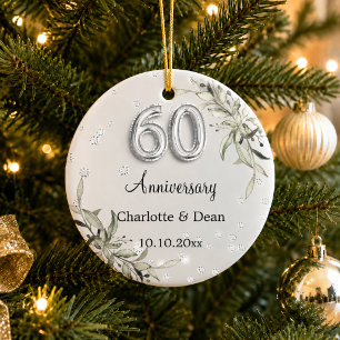 60th wedding anniversary silver greenery diamonds ceramic ornament