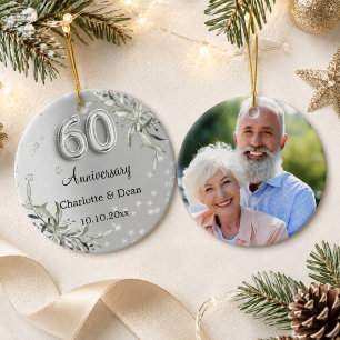 60th wedding anniversary silver greenery photo ceramic ornament