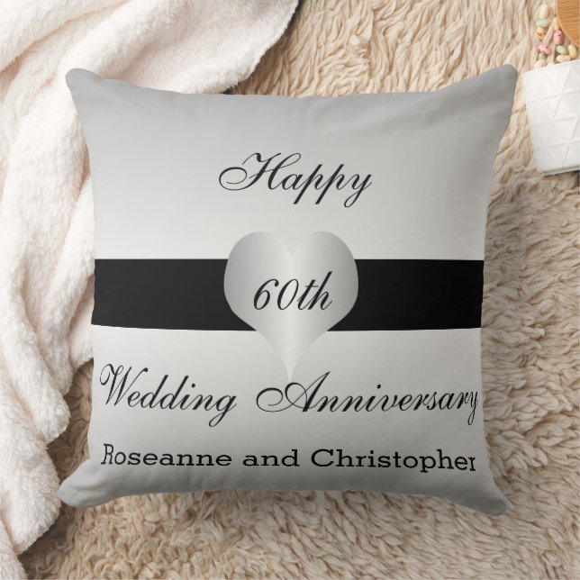 60th Wedding Anniversary Silver Heart Design Throw Pillow (Blanket)