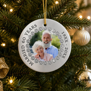 60th wedding anniversary silver photo diamonds ceramic ornament
