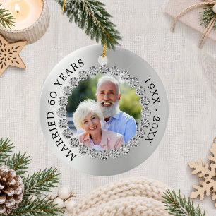 60th wedding anniversary silver photo diamonds ceramic ornament
