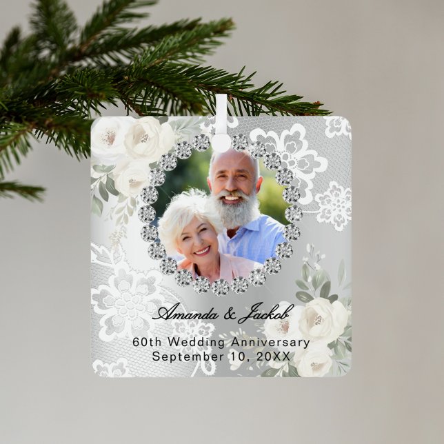 60th Wedding Anniversary silver photo florals lace Metal Ornament (Creator Uploaded)