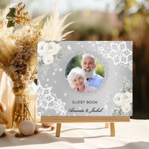 60th Wedding Anniversary silver photo lace floral Guest Book