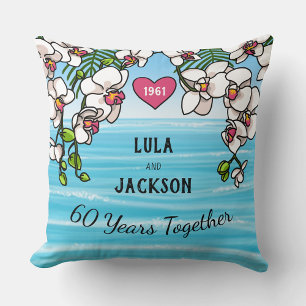 60th Wedding Anniversary Tropical Beach Orchids Throw Pillow