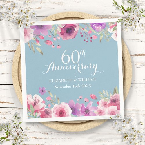 60th Wedding Anniversary Watercolor Roses Floral Napkins