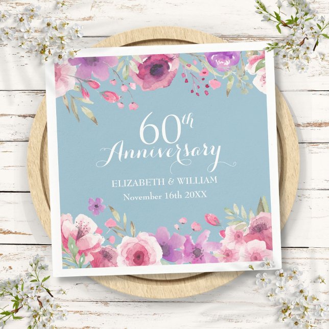 60th Wedding Anniversary Watercolor Roses Floral Napkins (60th Wedding Anniversary Watercolor Roses Floral Napkins)